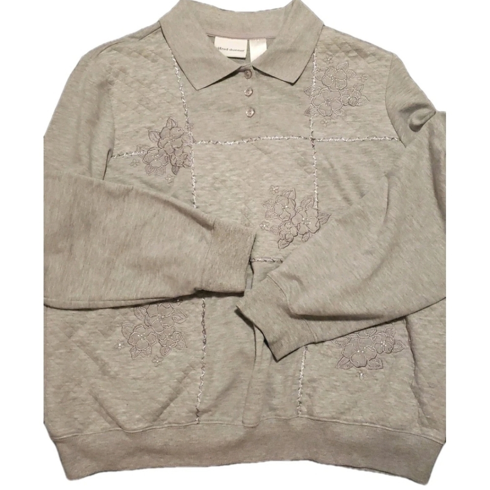 Vtg Alfred Dunner XL Collar Long Sleeve Gray Patchwork Floral  Sweater